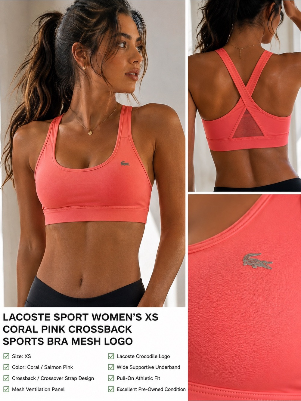 Lacoste Sport Women’s XS Coral Pink Crossback Sports Bra Mesh Crocodile Logo